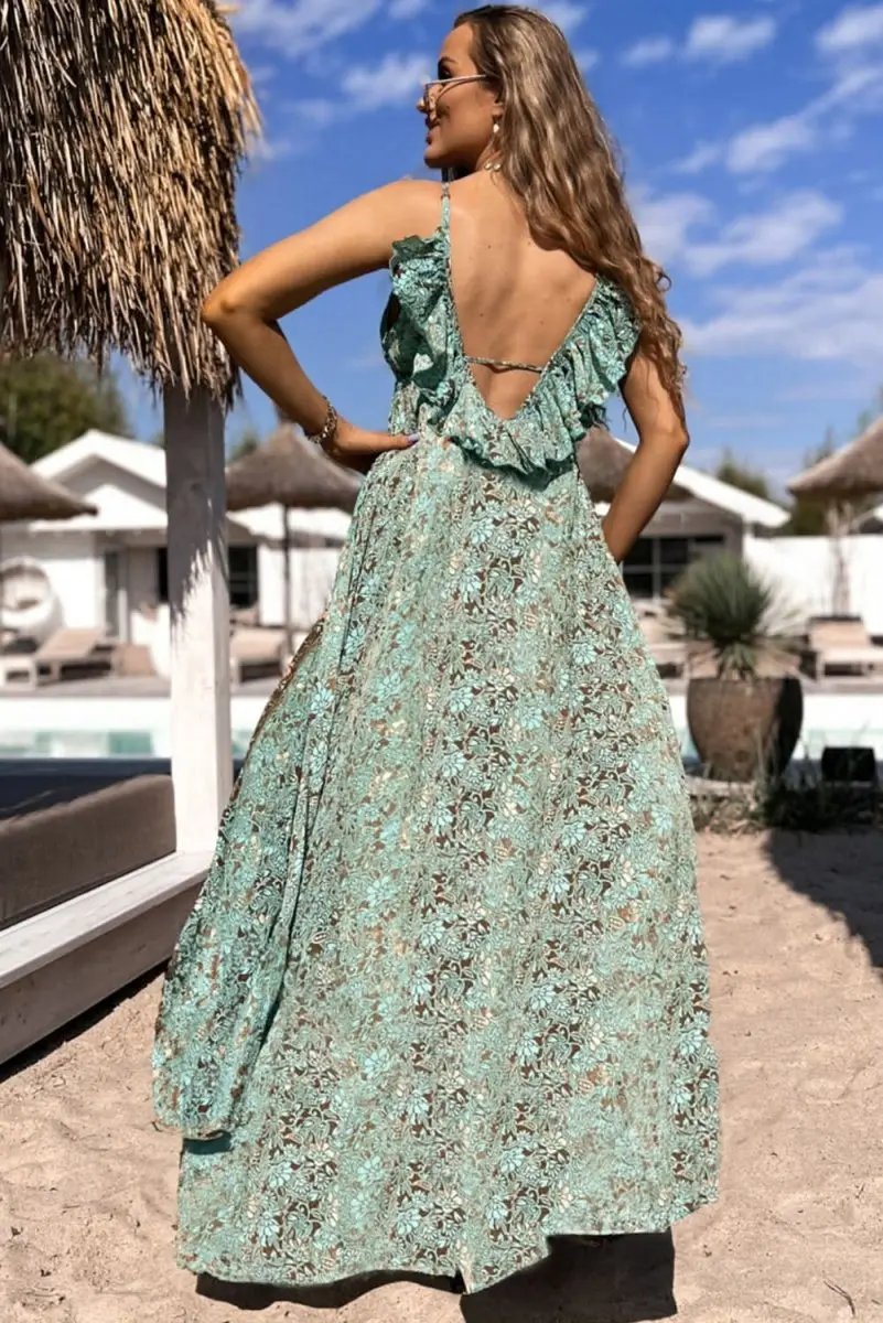 Boho Green Floral V Neck Maxi Dress with Ruffled Trim - Love Salve 