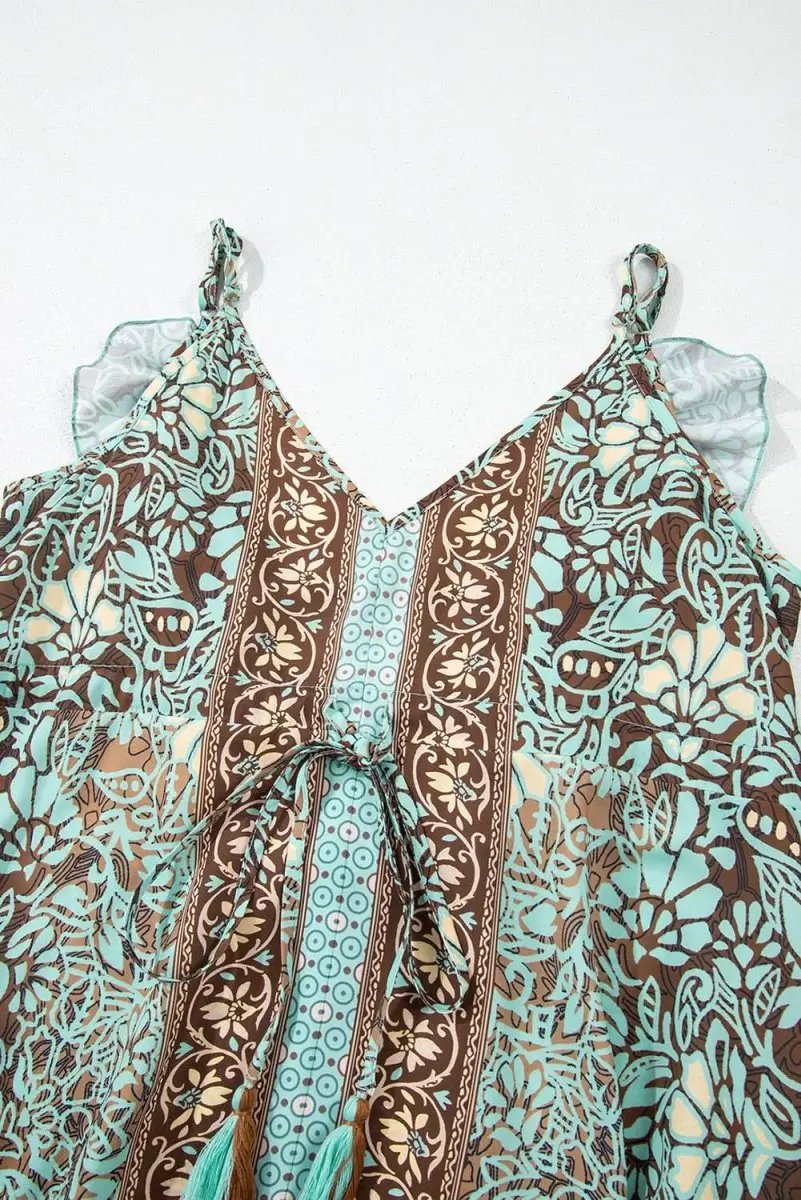 Boho Green Floral V Neck Maxi Dress with Ruffled Trim - Love Salve 