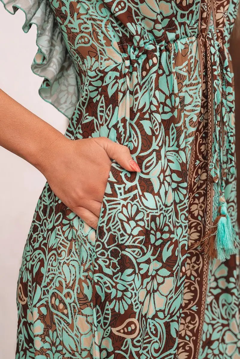Boho Green Floral V Neck Maxi Dress with Ruffled Trim - Love Salve 