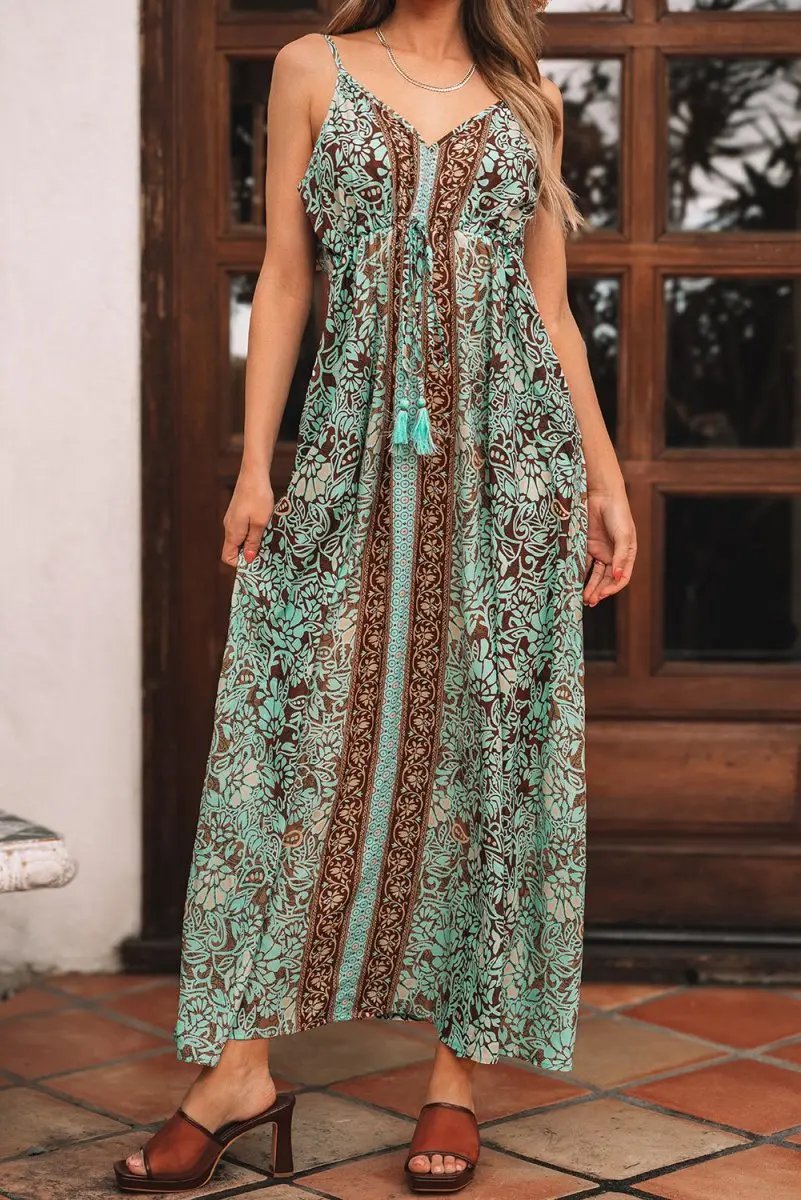 Boho Green Floral V Neck Maxi Dress with Ruffled Trim - Love Salve 