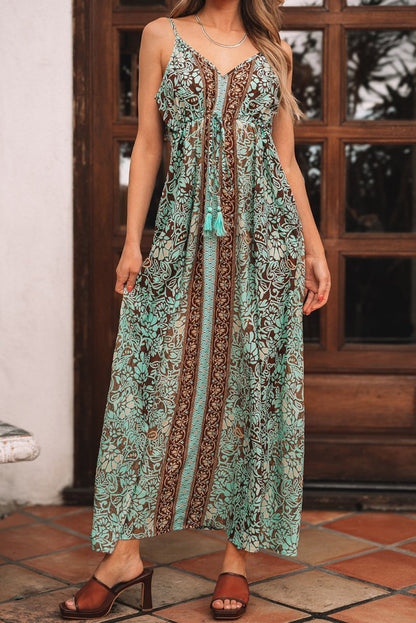 Boho Green Floral V Neck Maxi Dress with Ruffled Trim - Love Salve 