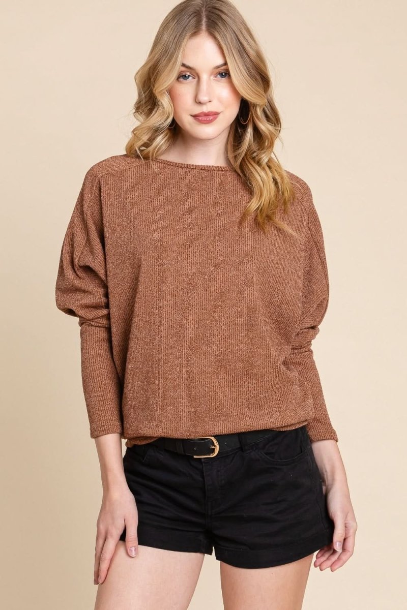 BOMBOM Drop Shoulder Long Sleeve Knit Top - Love Salve 