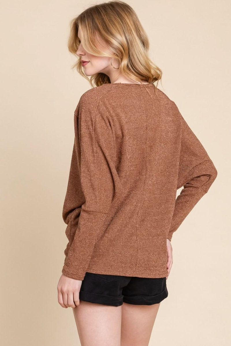 BOMBOM Drop Shoulder Long Sleeve Knit Top - Love Salve 