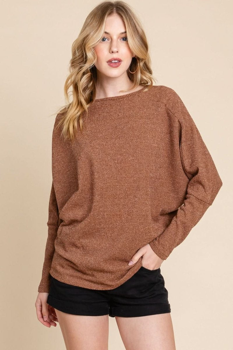 BOMBOM Drop Shoulder Long Sleeve Knit Top - Love Salve 
