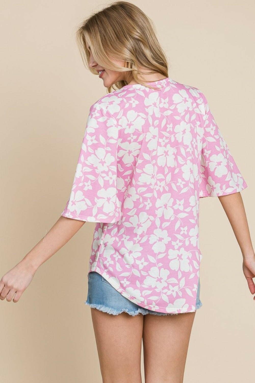 BOMBOM Floral Decorative Button V-Neck Top - Love Salve