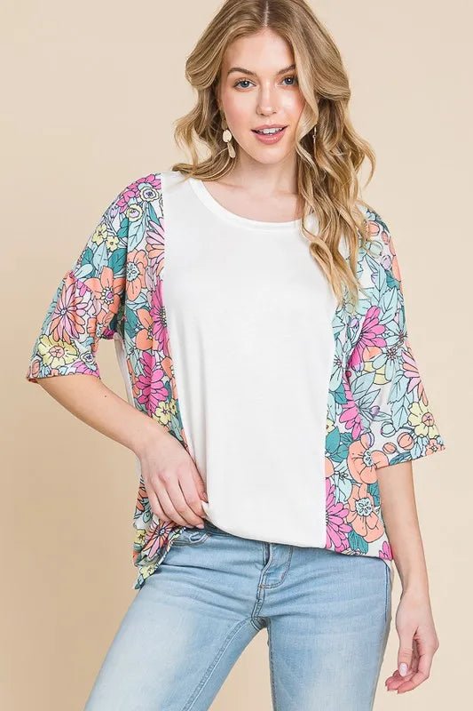 BOMBOM Floral Round Neck Half Sleeve T-Shirt for Women - Love Salve 