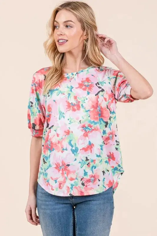 BOMBOM Floral Round Neck Puff Sleeve Top for Women - Love Salve 