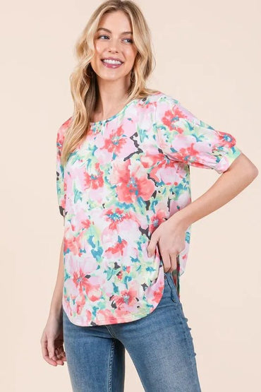 BOMBOM Floral Round Neck Puff Sleeve Top for Women - Love Salve 