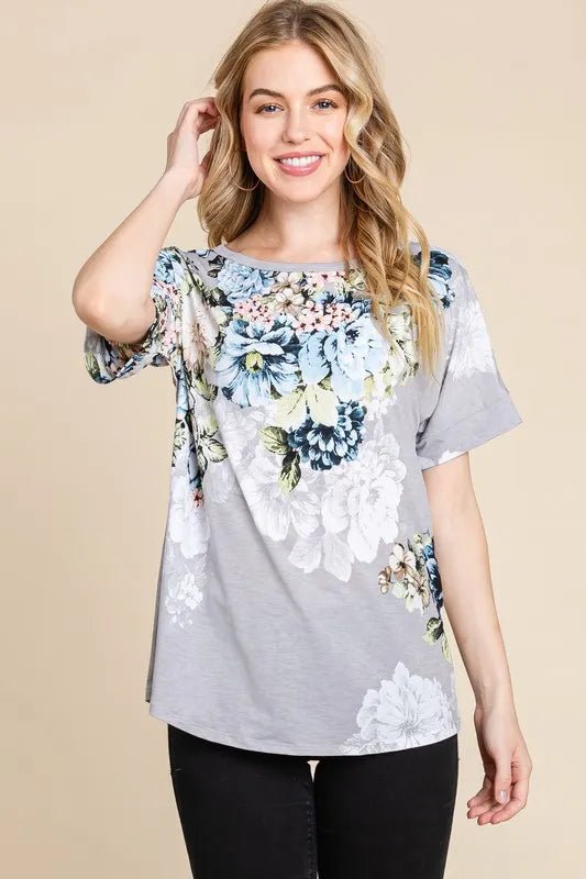 BOMBOM Floral Round Neck Short Sleeve T-Shirt for Women - Love Salve 