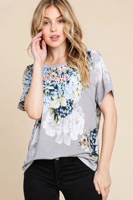 BOMBOM Floral Round Neck Short Sleeve T-Shirt for Women - Love Salve 