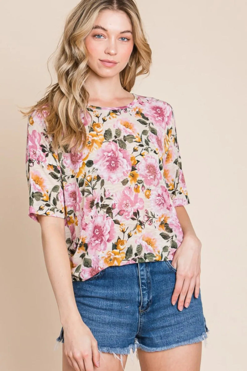 BOMBOM Floral Round Neck T-Shirt for Casual Style - Love Salve 