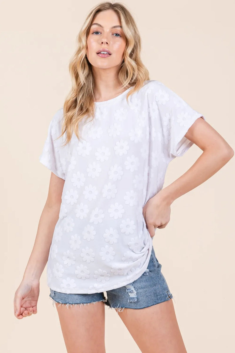 BOMBOM Floral Textured Short Sleeve T-Shirt for Women - Love Salve 