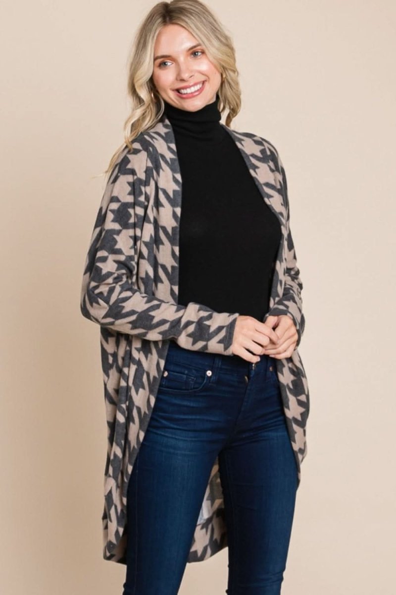 BOMBOM Houndstooth Open Front Cocoon Knit Cardigan - Love Salve 