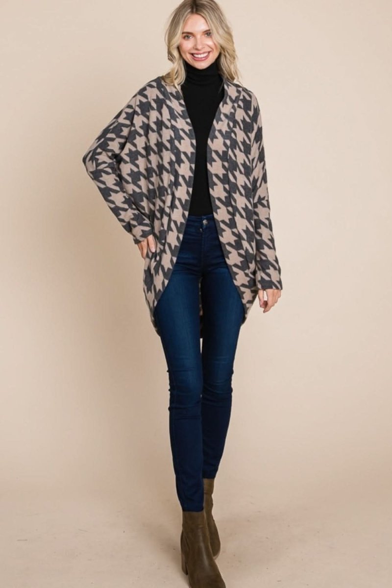 BOMBOM Houndstooth Open Front Cocoon Knit Cardigan - Love Salve 