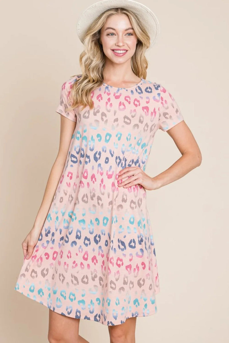 BOMBOM Leopard Round Neck Short Sleeve Dress for Women - Love Salve
