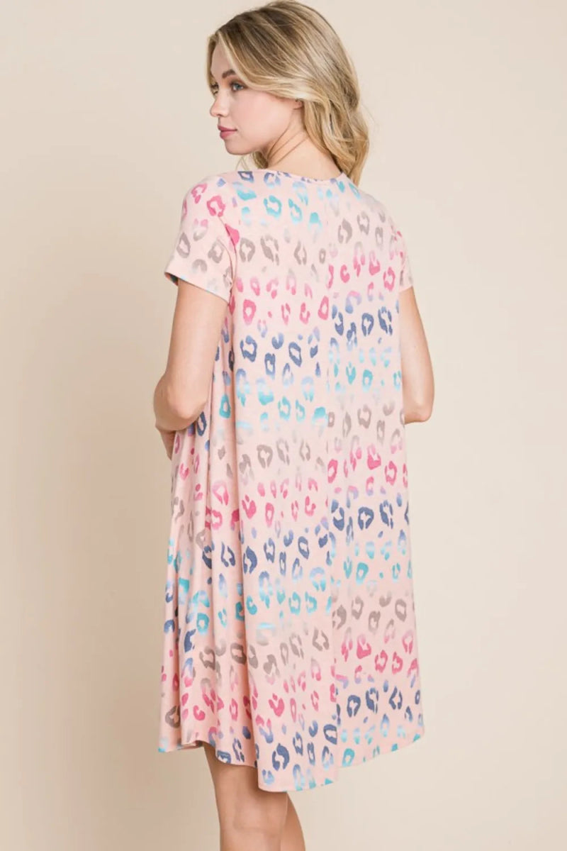 BOMBOM Leopard Round Neck Short Sleeve Dress for Women - Love Salve 