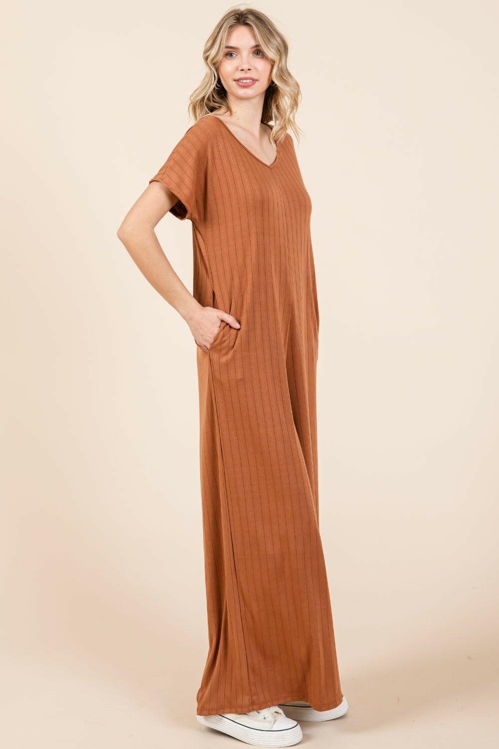 BOMBOM Ribbed Short Sleeve Wide Leg Jumpsuit - Love Salve