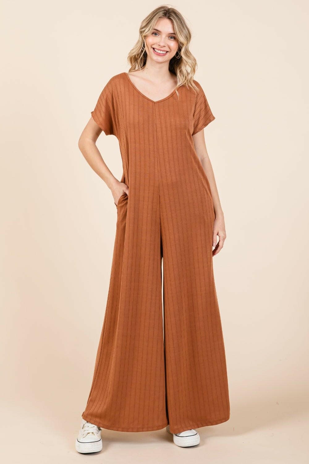 BOMBOM Ribbed Short Sleeve Wide Leg Jumpsuit - Love Salve