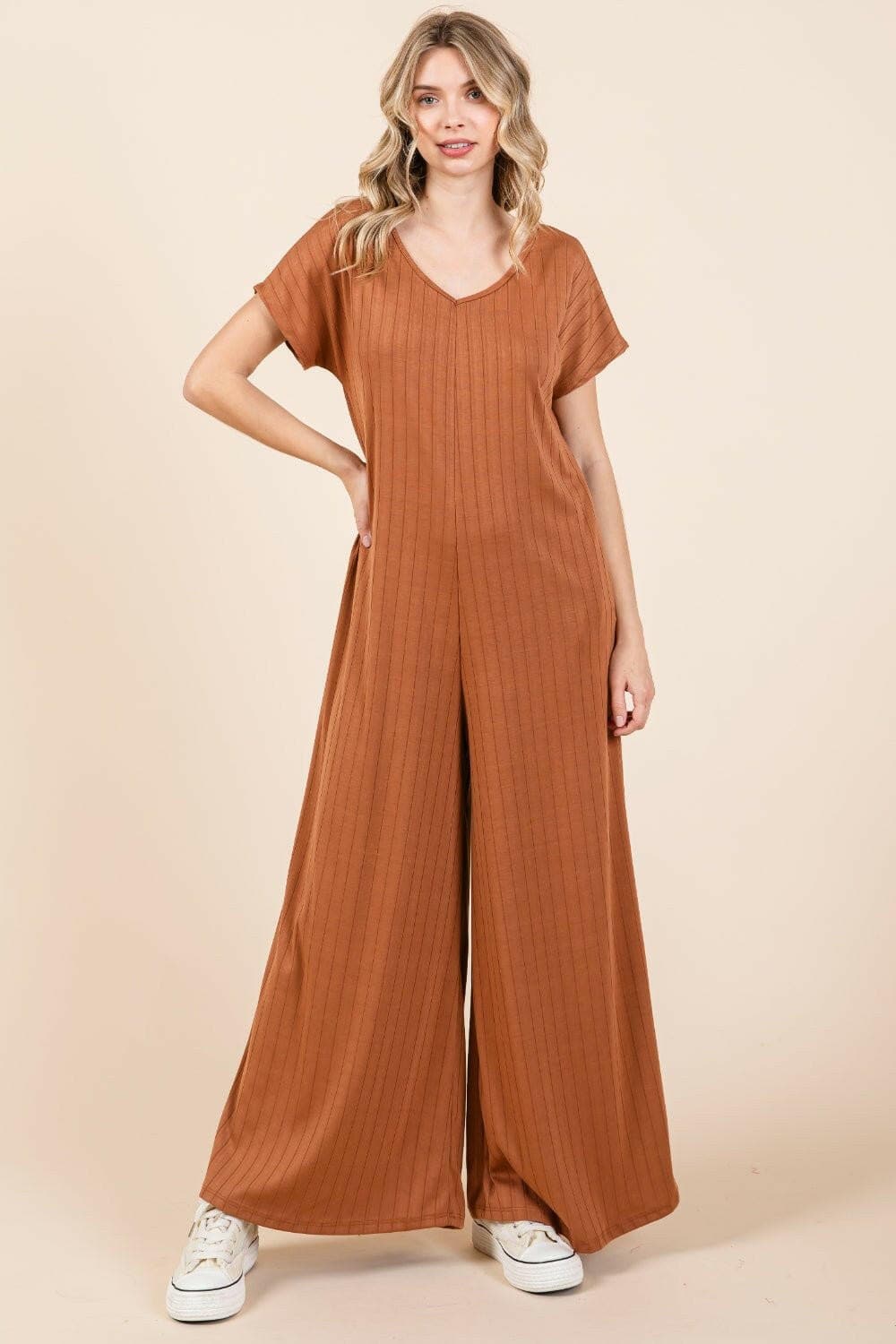 BOMBOM Ribbed Short Sleeve Wide Leg Jumpsuit - Love Salve