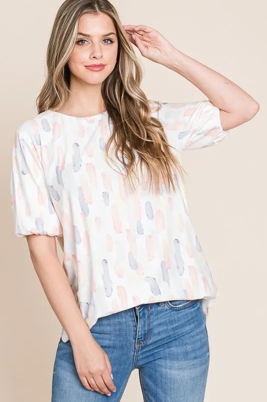 BOMBOM Round Neck Puff Short Sleeve Blouse for Women - Love Salve 