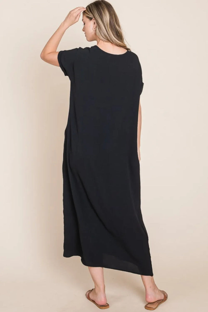 BOMBOM Round Neck Short Sleeve Midi Dress with Pockets - Love Salve