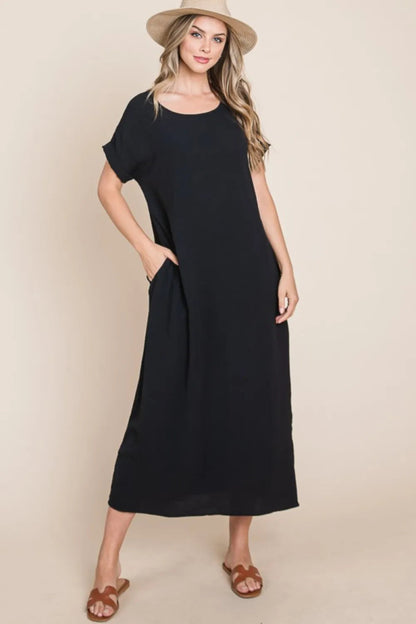 BOMBOM Round Neck Short Sleeve Midi Dress with Pockets - Love Salve
