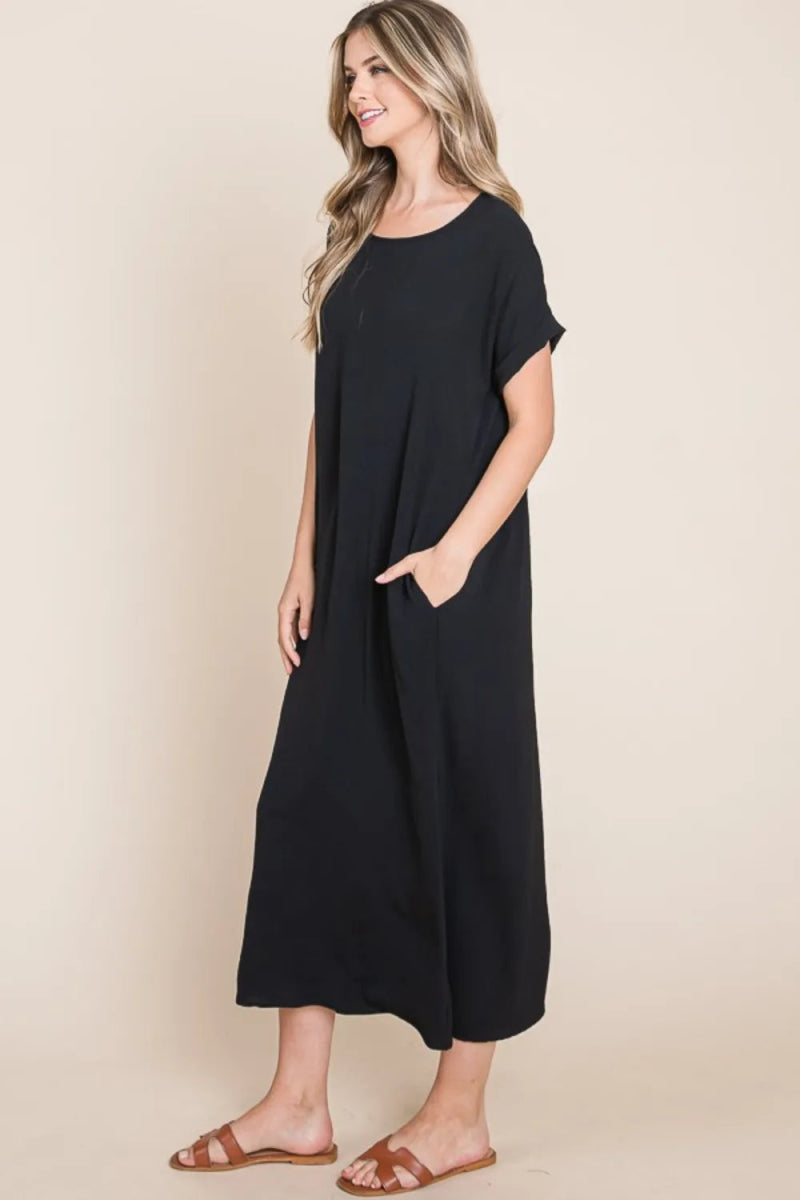 BOMBOM Round Neck Short Sleeve Midi Dress with Pockets - Love Salve
