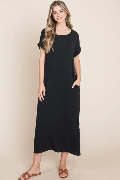 BOMBOM Round Neck Short Sleeve Midi Dress with Pockets - Love Salve