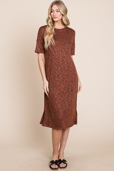 BOMBOM Round Neck Side Slit Midi Dress for Every Occasion - Love Salve 