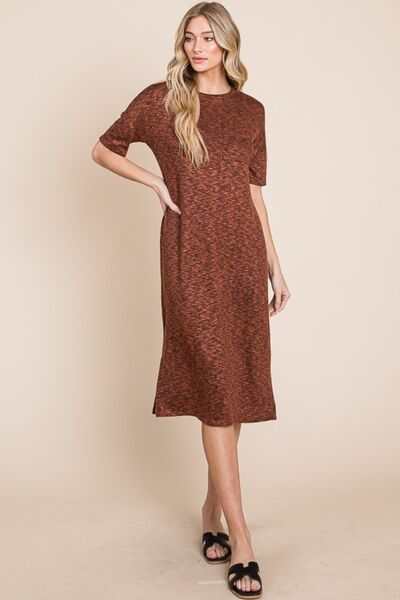 BOMBOM Round Neck Side Slit Midi Dress for Every Occasion - Love Salve 