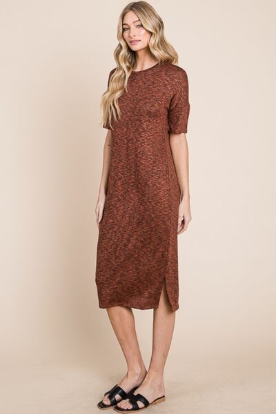 BOMBOM Round Neck Side Slit Midi Dress for Every Occasion - Love Salve 