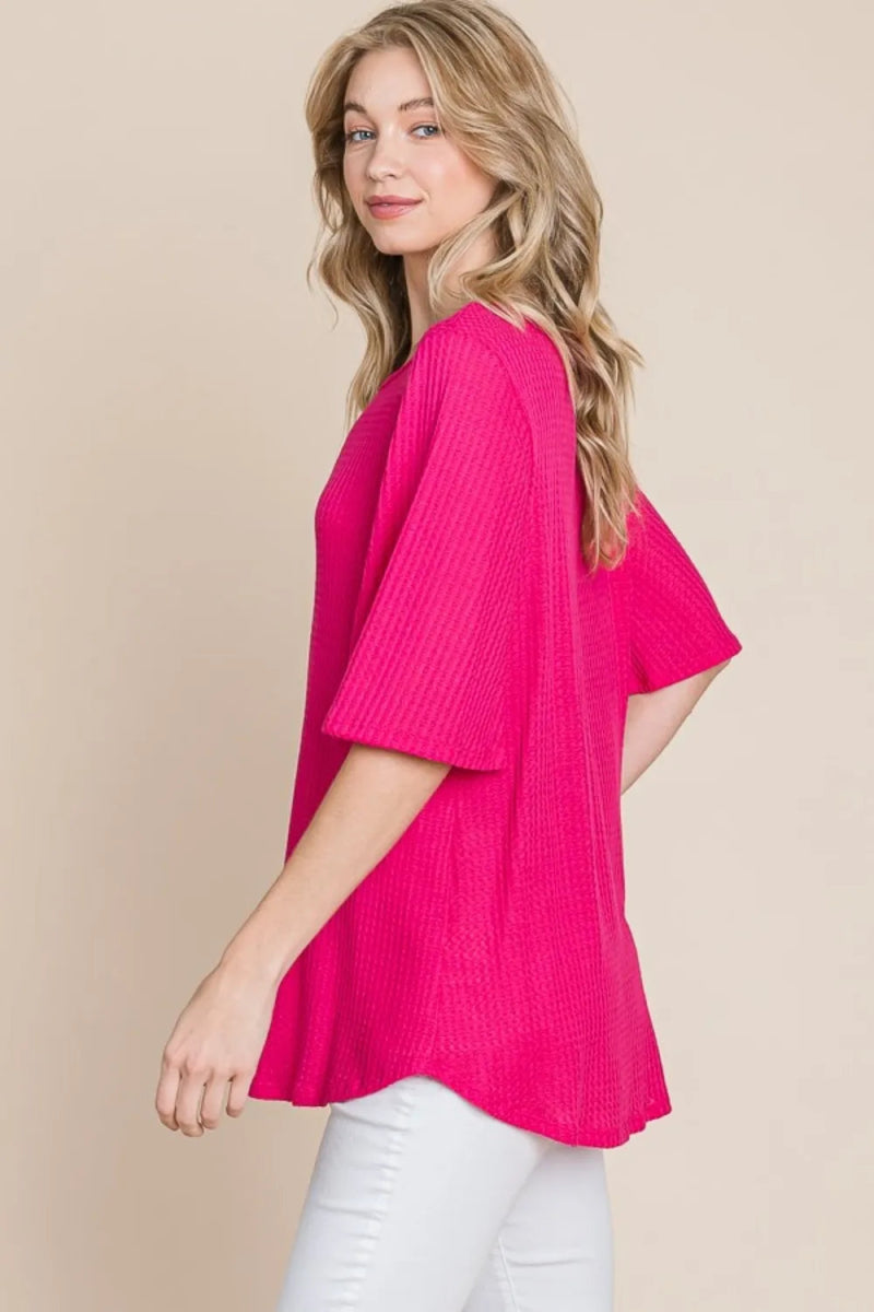 BOMBOM Round Neck Waffle Knit T-Shirt for Everyday Comfort - Love Salve 