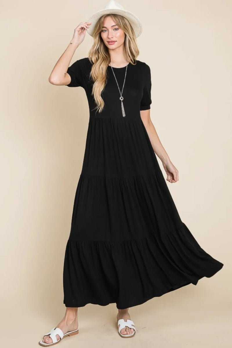 BOMBOM Short Sleeve Tiered Maxi Dress for Effortless Style - Love Salve 