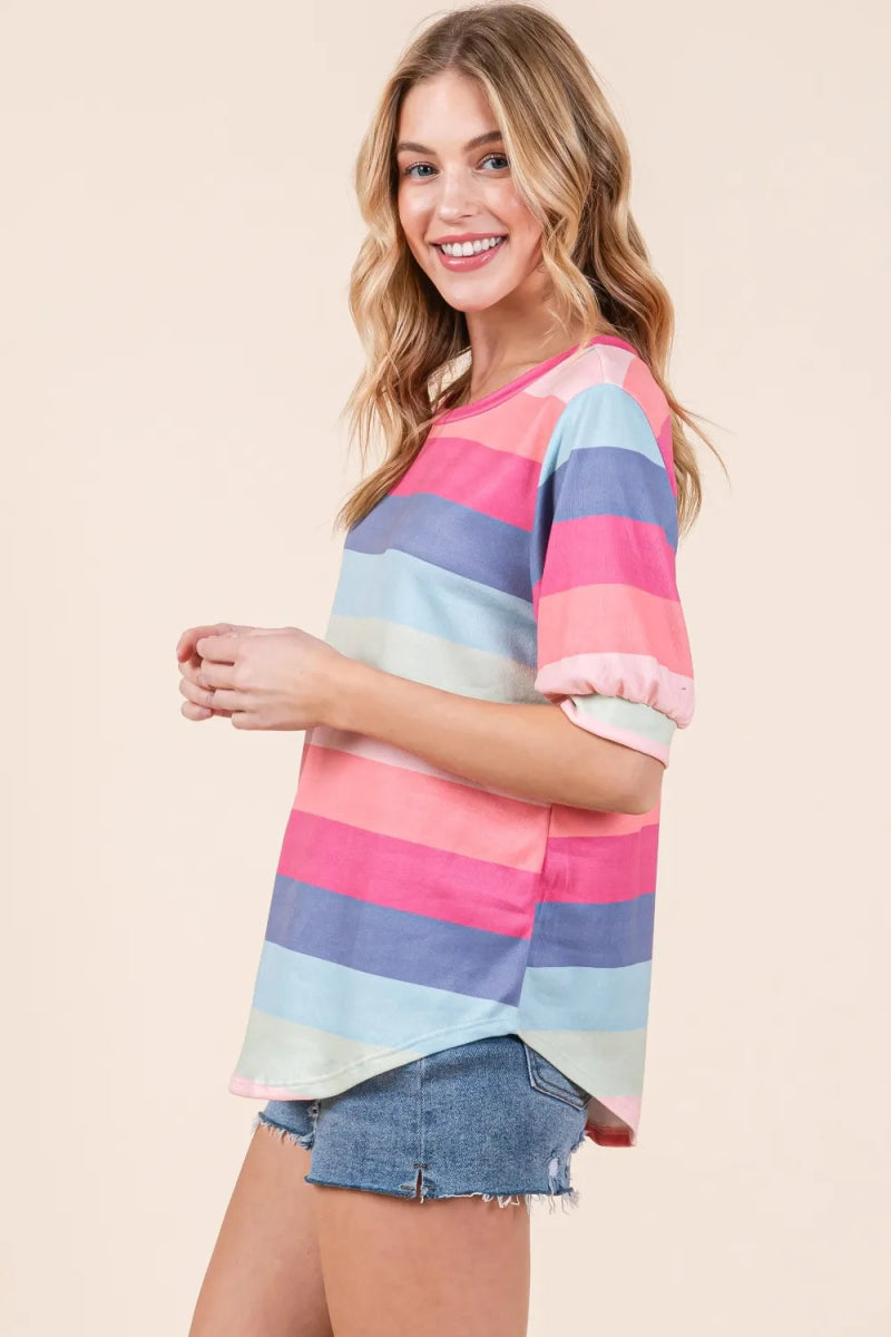 BOMBOM Striped Round Neck Half Sleeve T-Shirt for Women - Love Salve 