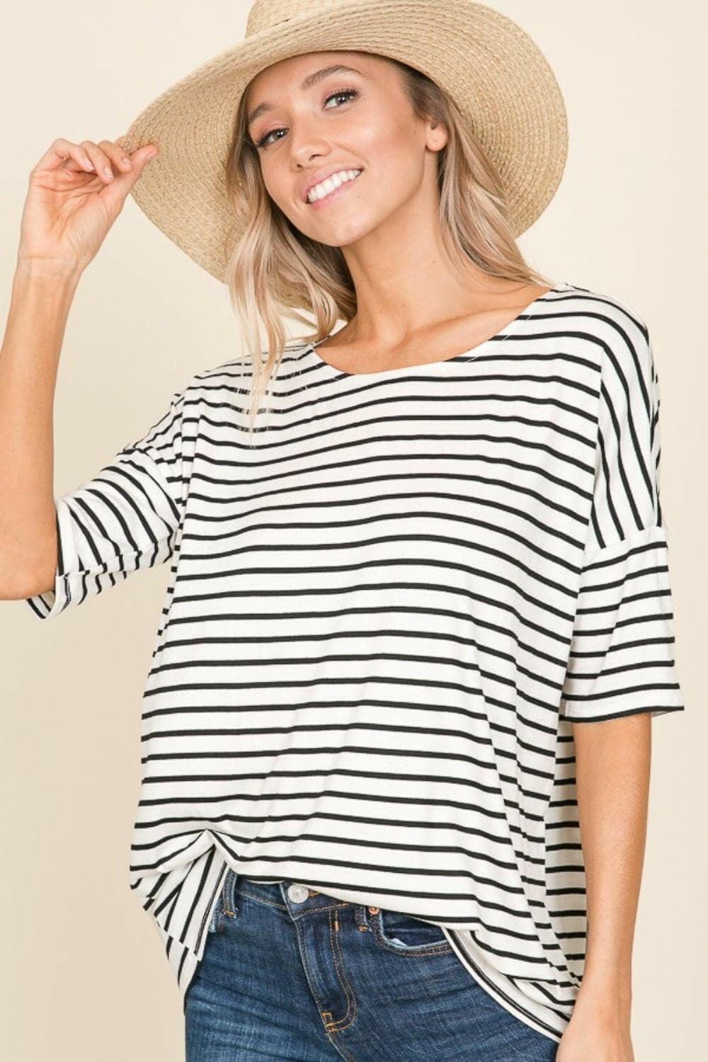 BOMBOM Striped Round Neck T-Shirt - Love Salve