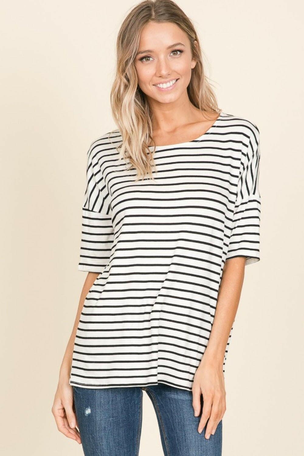 BOMBOM Striped Round Neck T-Shirt - Love Salve