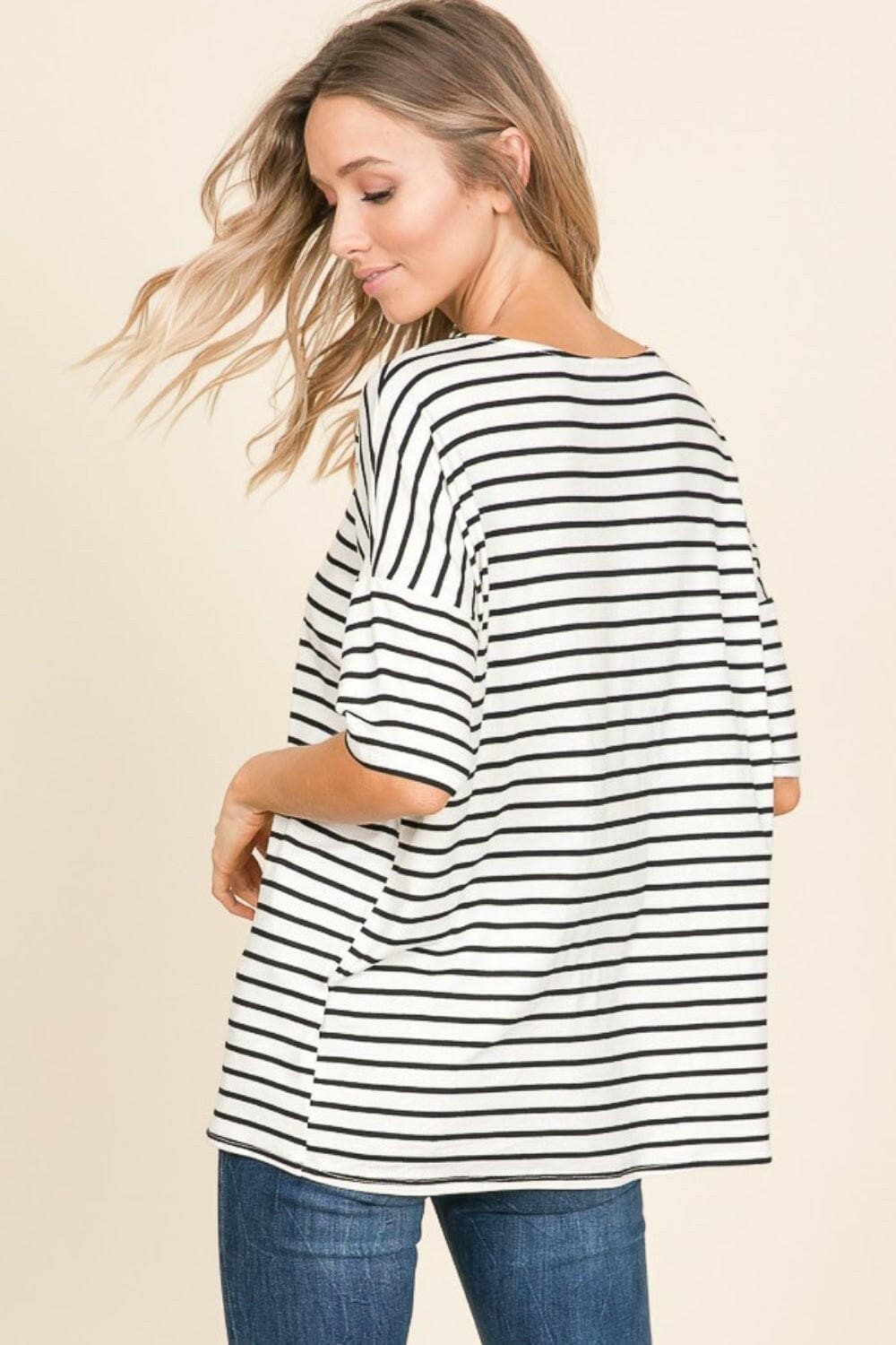 BOMBOM Striped Round Neck T-Shirt - Love Salve