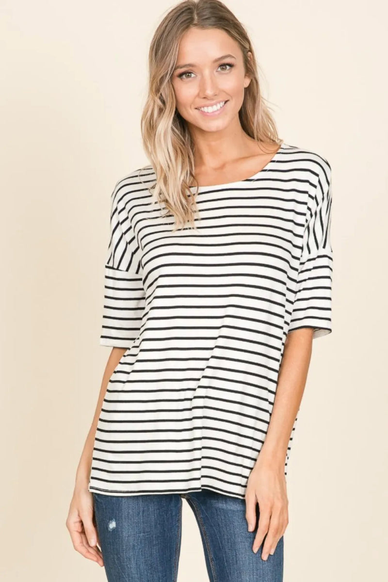 BOMBOM Striped Round Neck T-Shirt for Casual Style - Love Salve 