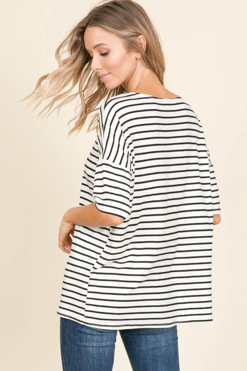 BOMBOM Striped Round Neck T-Shirt for Casual Style - Love Salve 