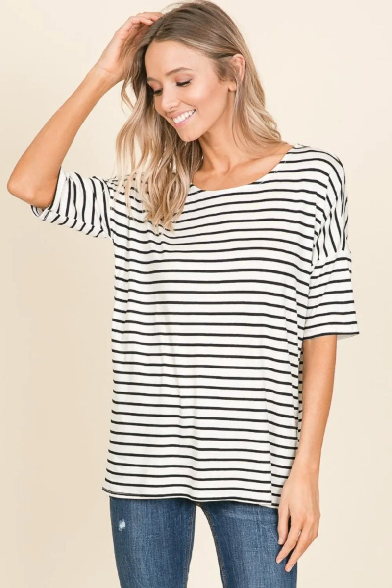 BOMBOM Striped Round Neck T-Shirt for Casual Style - Love Salve 