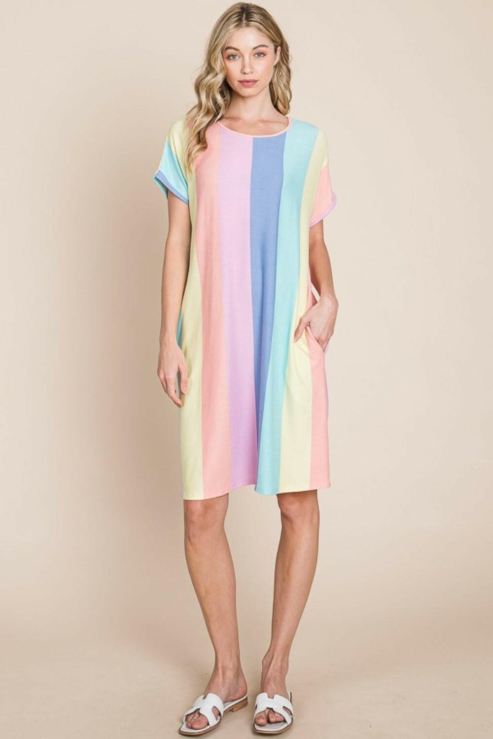 BOMBOM Striped Short Sleeve Dress with Pockets - Love Salve