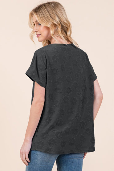 BOMBOM Textured Floral Pattern Short Sleeve T-Shirt for Women - Love Salve 