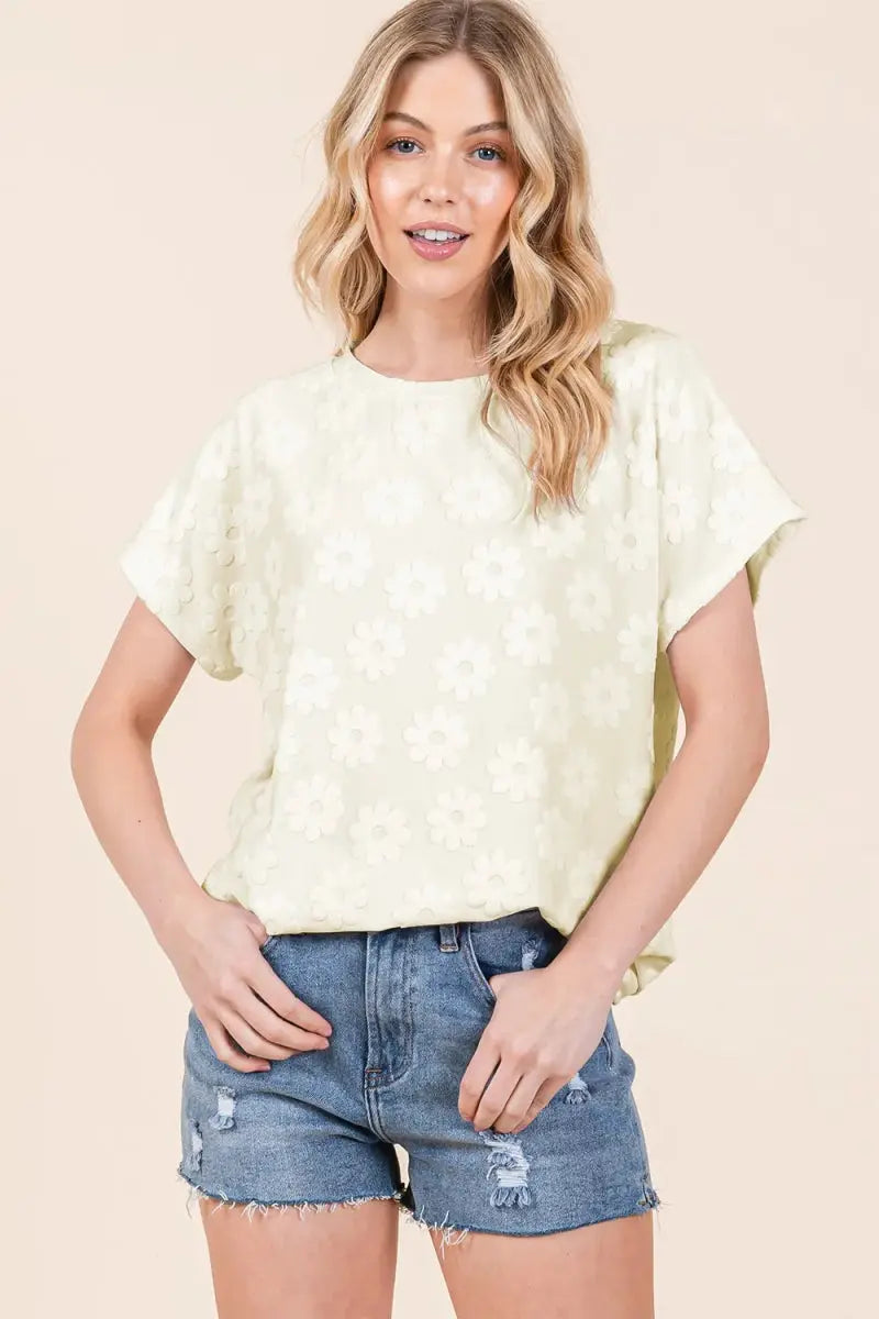BOMBOM Textured Floral Pattern Short Sleeve T-Shirt for Women - Love Salve 