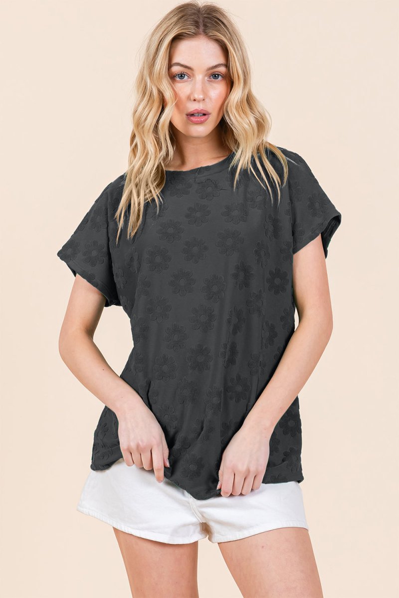 BOMBOM Textured Floral Pattern Short Sleeve T-Shirt for Women - Love Salve 