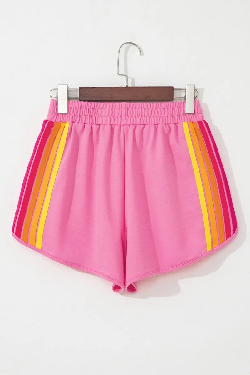 Bonbon Color Block Stripes Elastic High Waist Active Shorts - Love Salve 