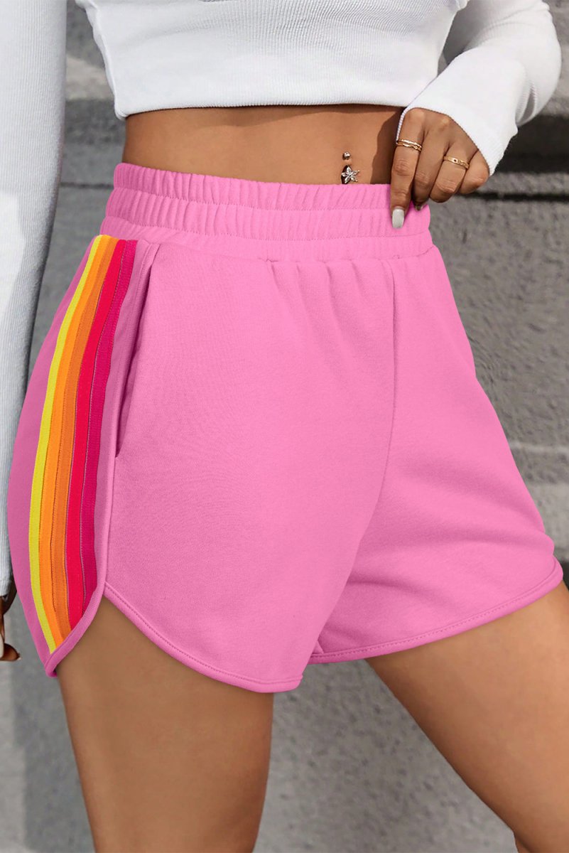Bonbon Color Block Stripes Elastic High Waist Active Shorts - Love Salve 