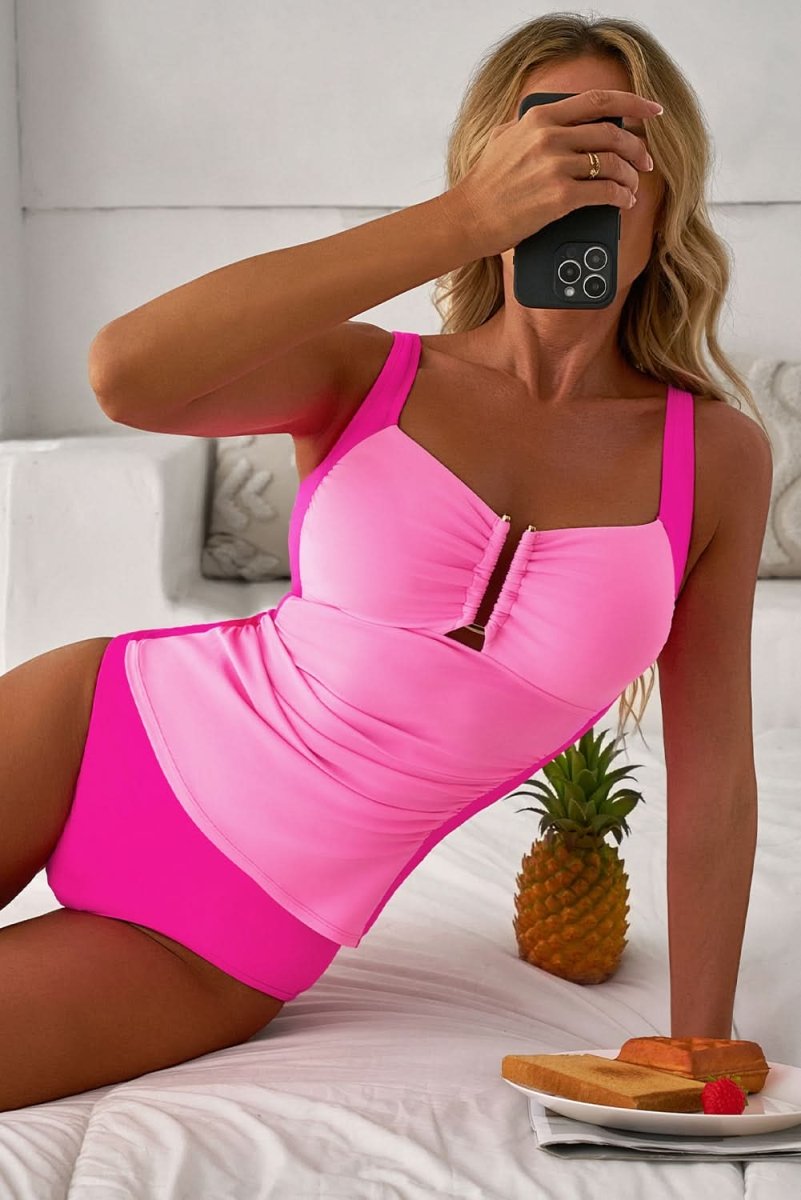 Bonbon High-Waisted Ruched Control Tankini Swimsuit Set - Love Salve 