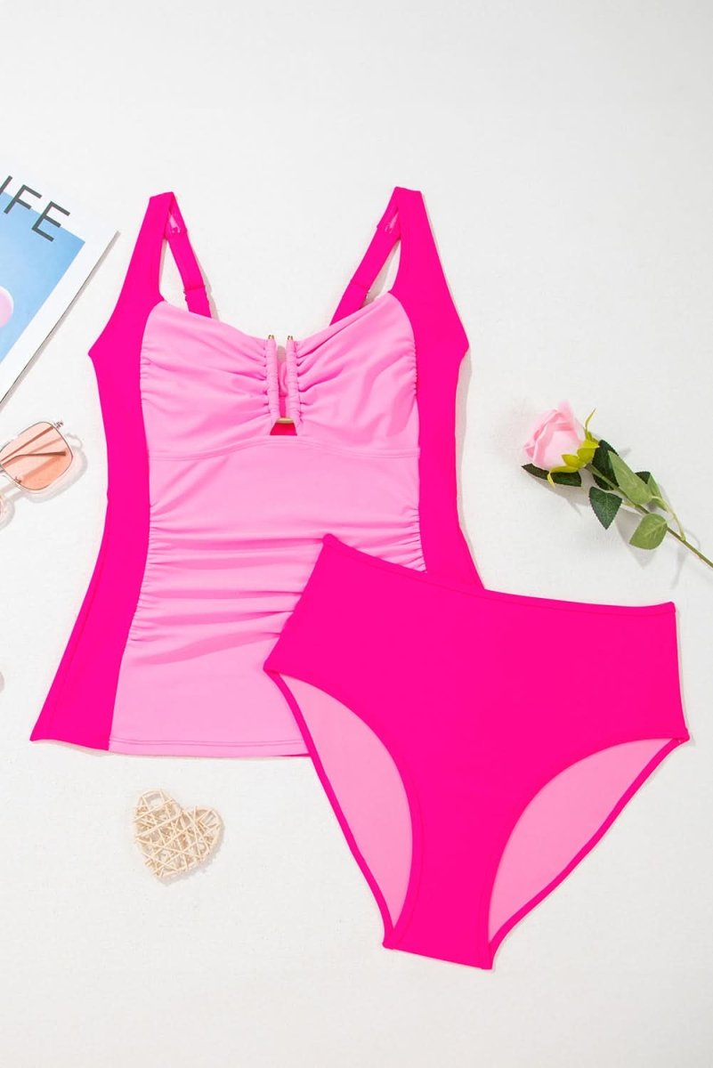Bonbon High-Waisted Ruched Control Tankini Swimsuit Set - Love Salve 