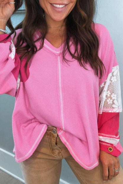 Bonbon Lace Floral Patchwork Sleeve Stitching V Neck Rib Knit Blouse - Love Salve 
