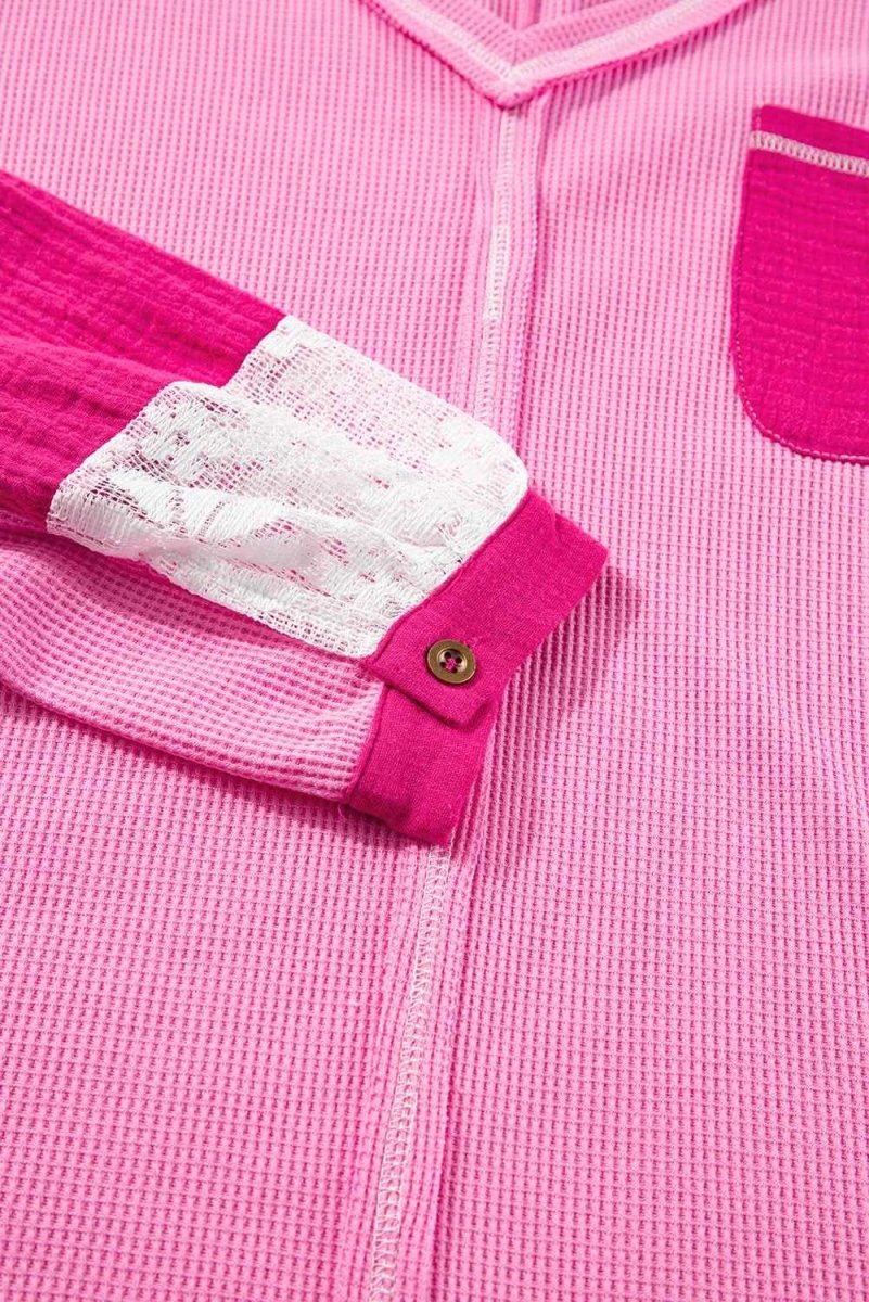 Bonbon Lace Floral Patchwork Sleeve Stitching V Neck Rib Knit Blouse - Love Salve 